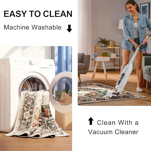 Miniatura 3 de Alfombra lavable de 5 x 7 pies, antideslizante, de 5 x 7, alfombra de pelo bajo, alfombra de suelo con estampado envejecido, alfombra de área suave