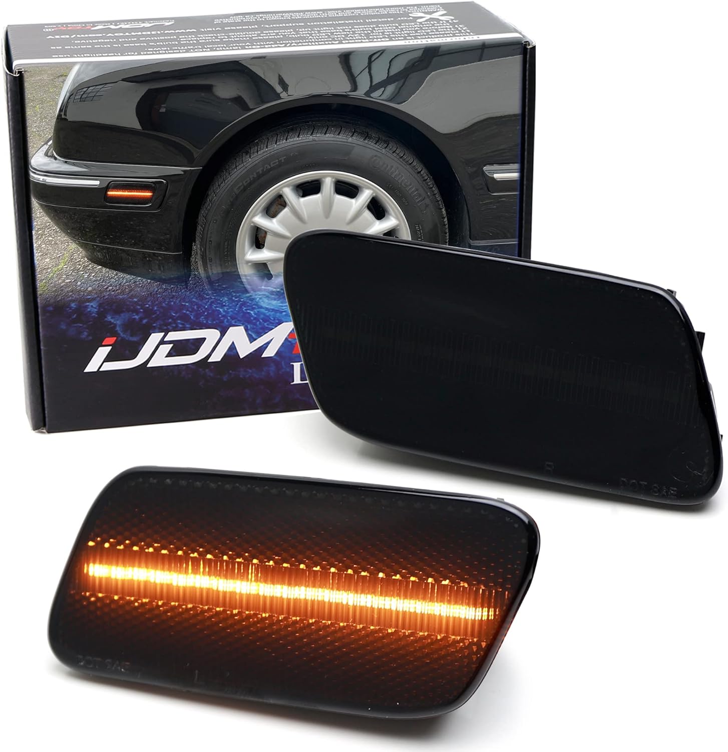 iJDMTOY Smoked Lens Amber Full LED Strip Front Side Marker Light Assembly Compatible With 1996-2002 Mercedes W210 E-Class, Powered by 40-SMD LED, Replace OEM Amber Sidemarker Lamps