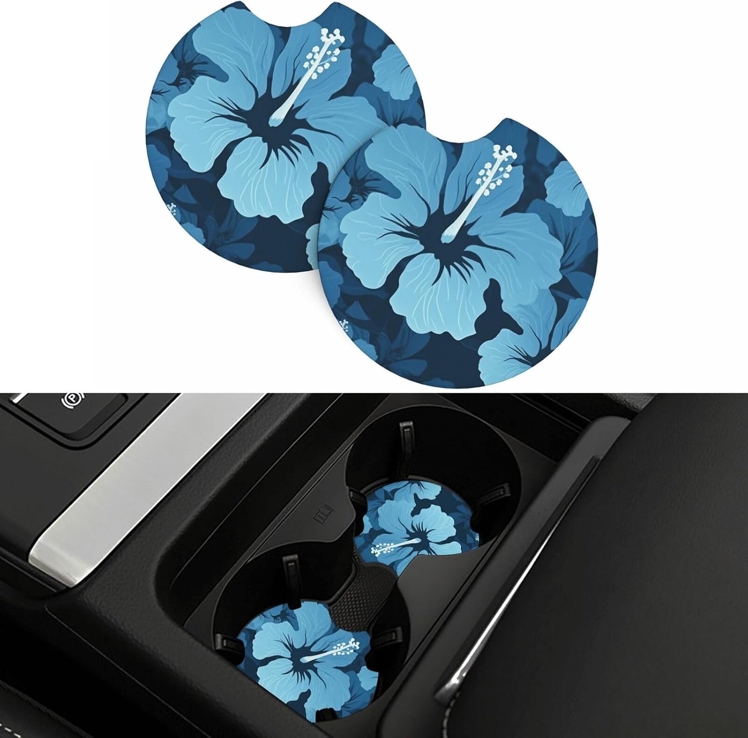 2 Pack Car Coaster for Cup Holders Blue Hibiscus Car Cup Coaster 2.7" Neoprene Non-Slip Automotive Cups Mat Universal Car Interior Accessories for Women Men image 2