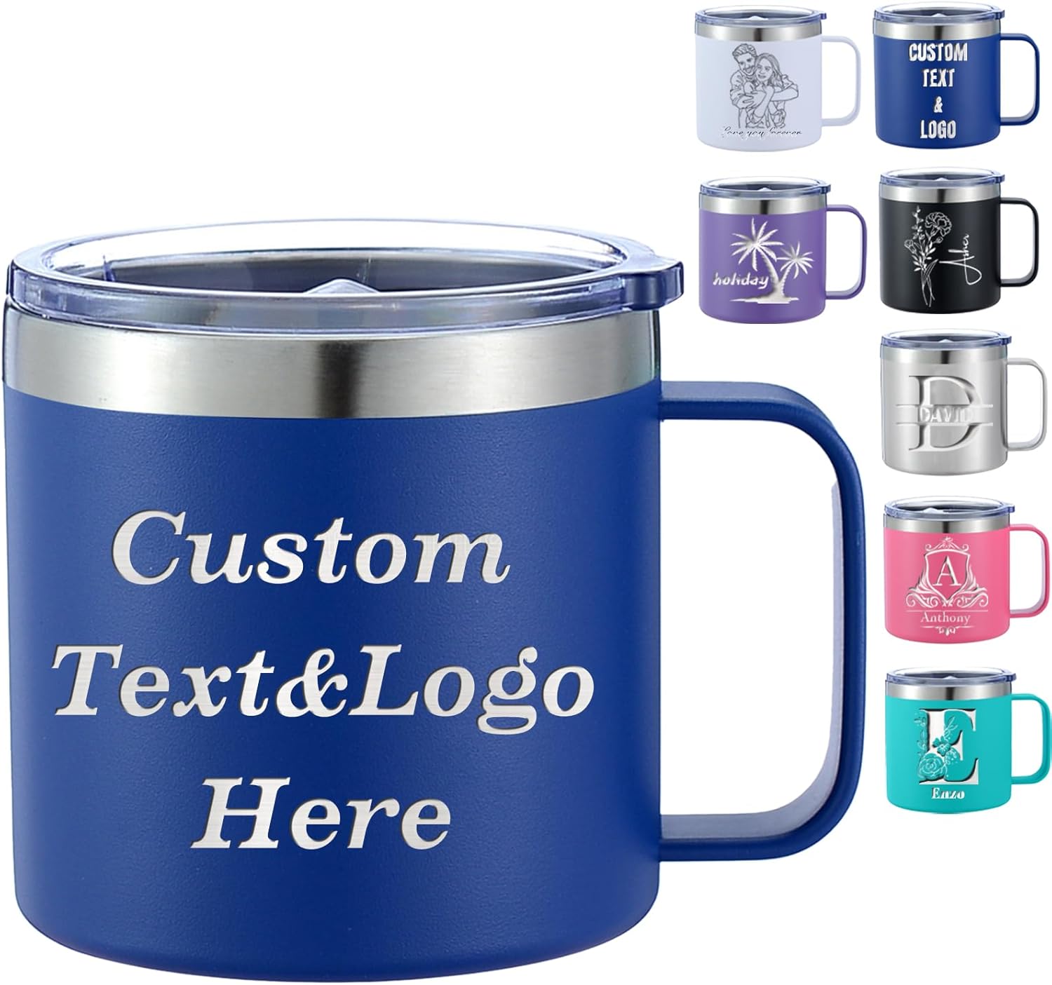 Custom Insulated Coffee Mug with lid Handle Personalized Stainless Steel Coffee Mugs with Name Logo Text 12oz 14oz Engraved Travel Coffee Tumbler Gift for Women Men,Customized Your Own