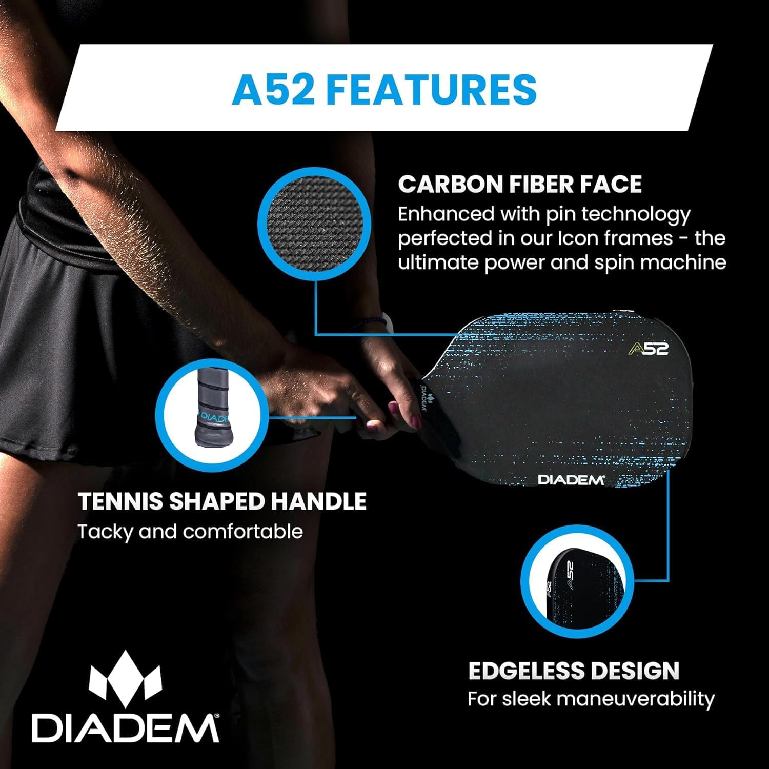 Diadem A52 Carbon Fiber Pickleball Paddle | Lightweight Thermoformed Paddle with Edgeless Design, Spin-Ready Surface, USAPA Approved for Control & Power