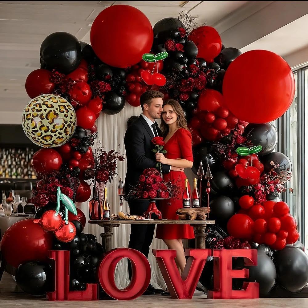 Red Black Balloon Arch Kit Double Stuffed Burgundy Black Maroon Balloon Garland Cherry Cheetah Print Balloons for Birthday Bridal Baby Shower Valentine's Day Bachelorette Party Decorations - Image 5