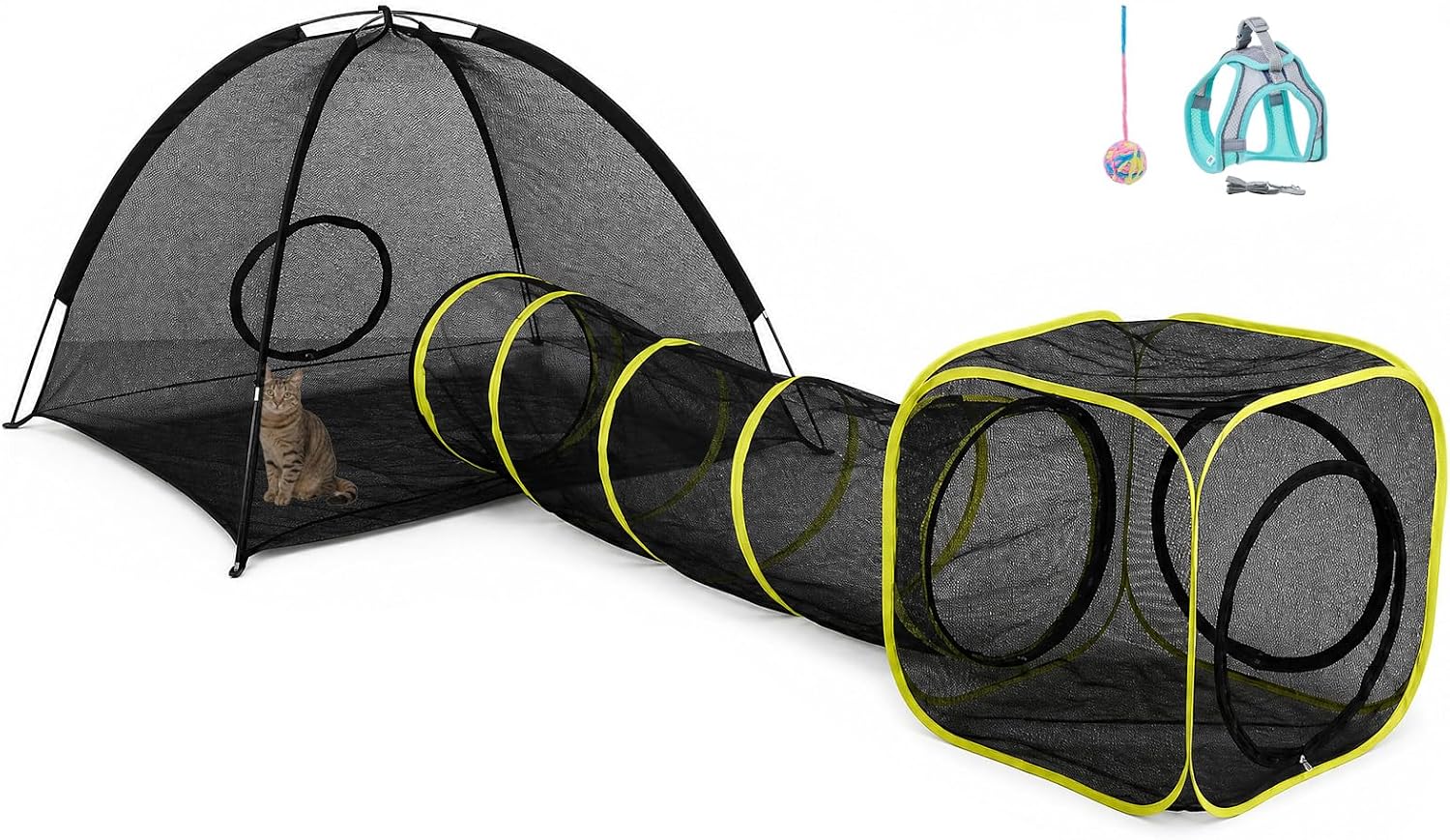 Extra-Large Outdoor Cat Tent for Indoor Cats, Portable 3-in-1 Mesh Cat Enclosure with Tunnel & Playhouse, Outside Cat Playpen for Small Animals, Pop Up Catio with Harness Leash and Tease Ball