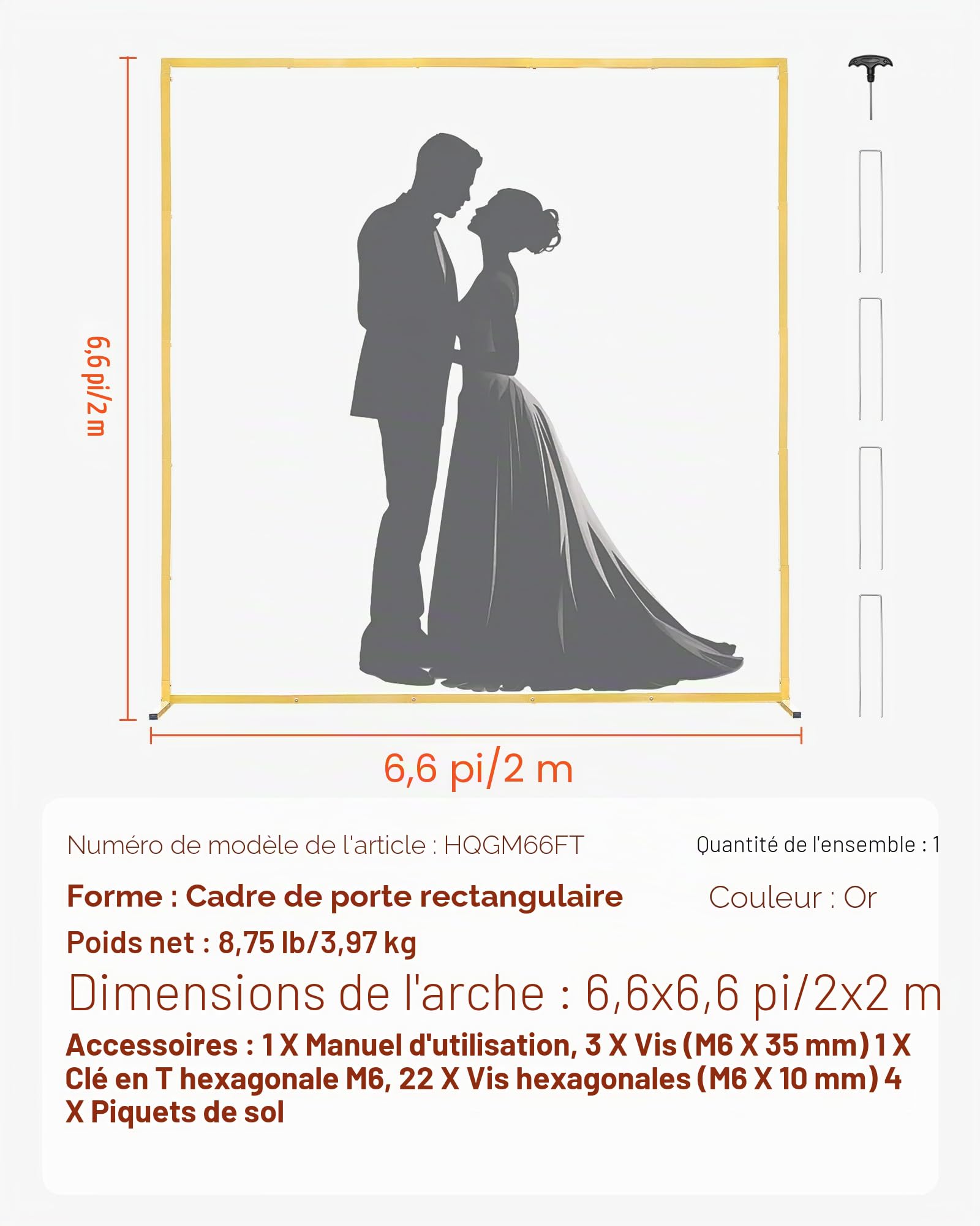 VEVOR Arche de Mariage Carré 2 x 2 m Support de Fond Arche en Métal Structure Stable Tubes Carrés pour Décoration de Mariage, Anniversaire, Remise de Diplômes, Fêtes, Cérémonies, Célébrations, Doré