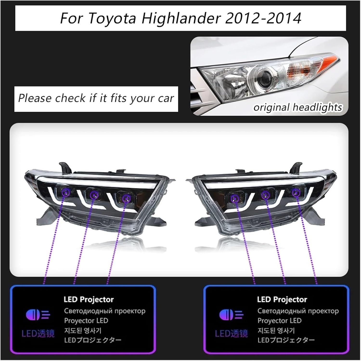 トヨタ ハイランダー 👘 2012-2014 に適合する車のヘッドライト ハロゲンヘッドライト 車のランプ デイタイムランニングライト 