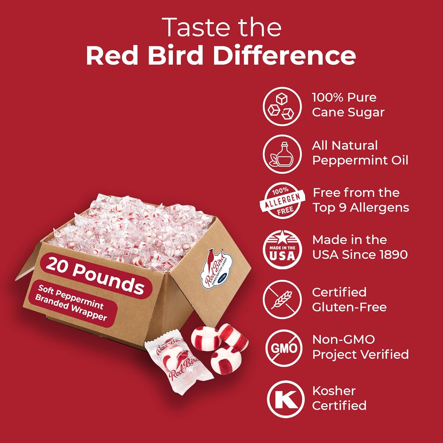 Red Bird Soft Peppermint Candy Mints, Bulk Candy Individually Wrapped, Branded Wrapper, 20 lb