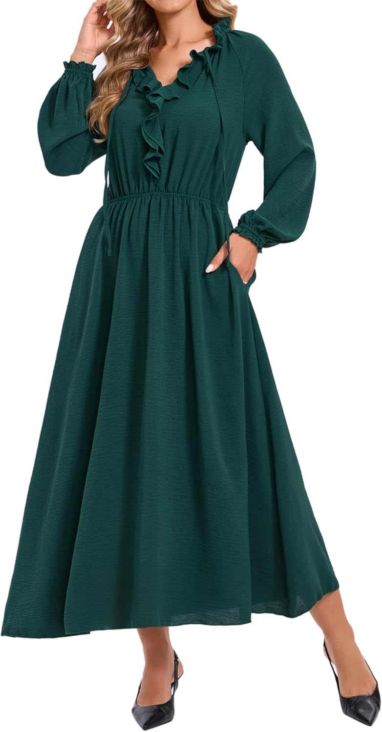 Women's Casual Long Sleeve Fall Midi Flowy Empire Elastic Waist Dresses with Pockets - Image 2