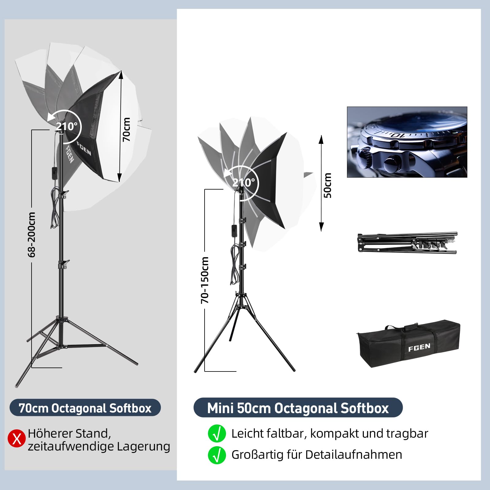 50 cm 60 W 3000-6500K octogonal softbox avec 3 Modes de Couleur, Suite d'éclairage de Studio avec Support Pliable de 1,5 m pour la Configuration Rapide de la Photographie et de l'interview de Studio