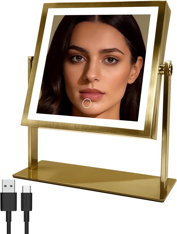 Espelho para maquiagem Ruacq com iluminação, dupla face 1X/10X, Antique Brass