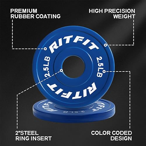 Miniatura 5 de RitFit Placas de peso de goma fraccionarias, placas de parachoques de colores para entrenamiento de fuerza inicial y sobrecarga progresiva, par y