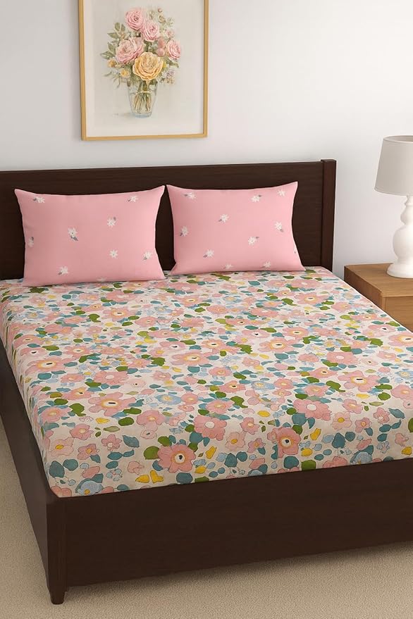 ohello® 300 TC Cotton Feel Glace Cotton Elastic Fitted Printed King Size Double Bed Bedsheet with 2 Pillow Covers Fits Upto 8 inches Mattress, Size - 72X78 Inches, Pink Flower (BS_557_King)