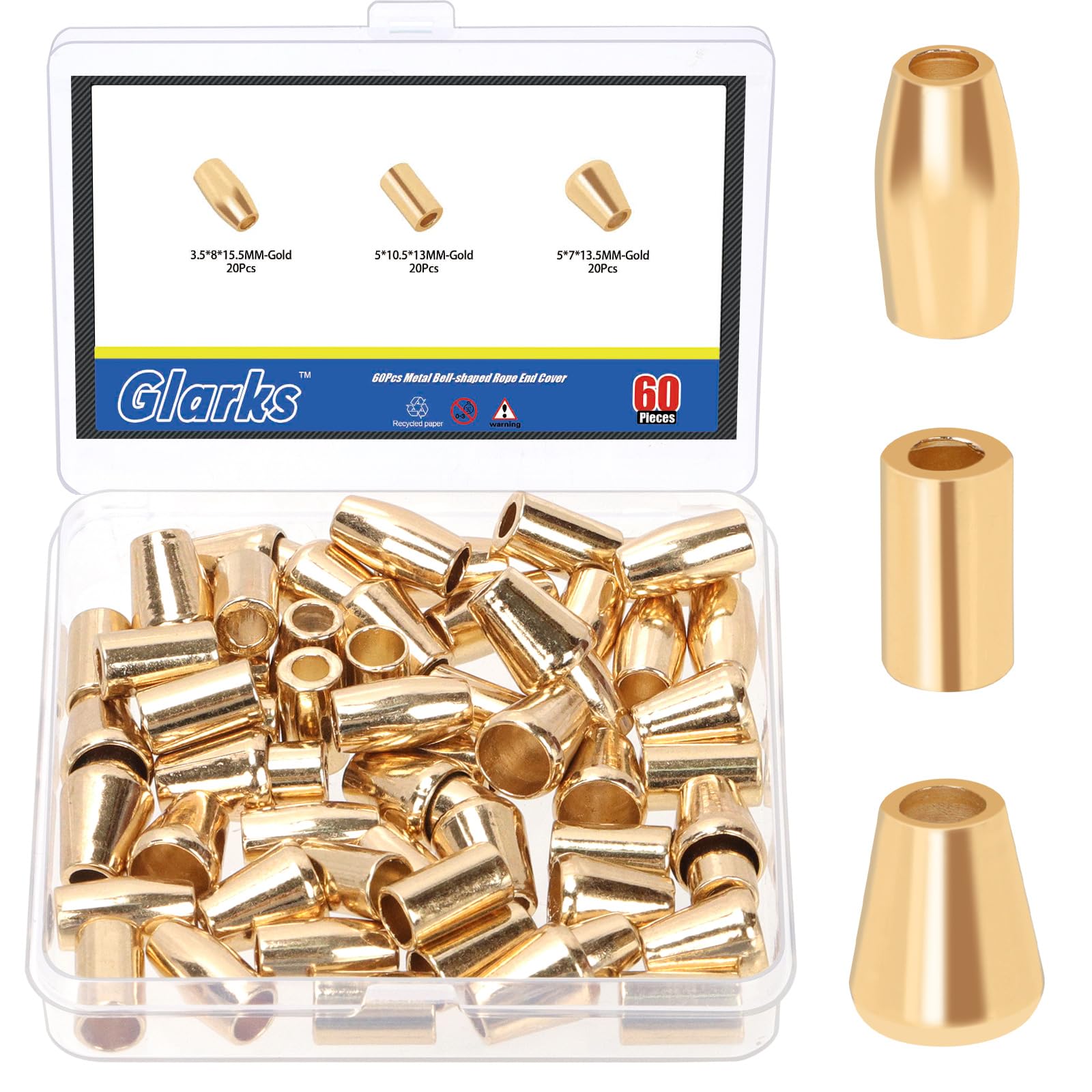 GLARKS 60pcs 3 styles Cord Ends Stopper Metal Bell End, Golden Cord Ends bell Lock, Bell End Stopper, Drawstring Rope Stopper for Lanyard Clothes Backpack DIY