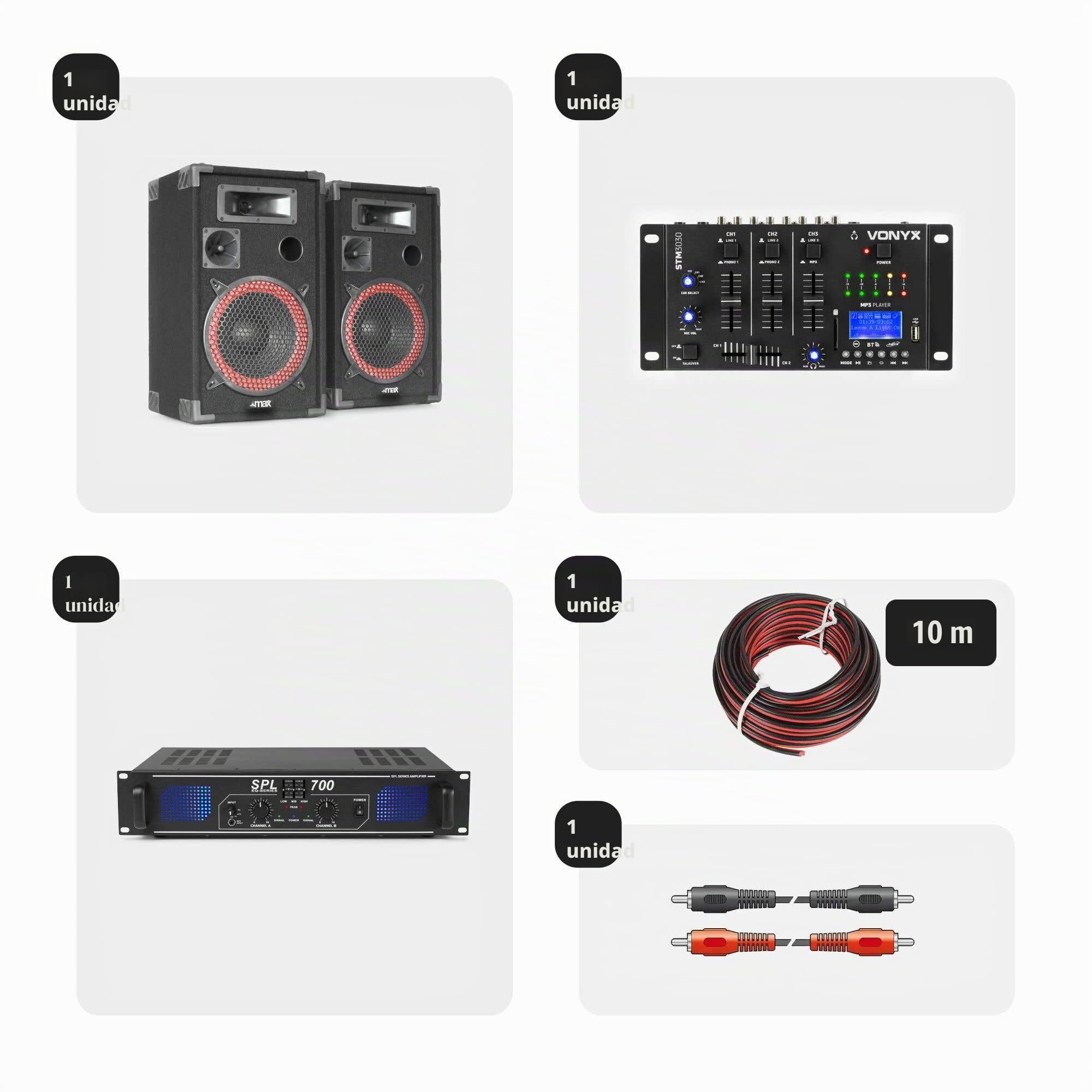 SkyTec Pack Completo de DJ 700 W con Bluetooth y USB - Mezclador Vonyx STM3030, Amplificador SkyTec SPL700 y Altavoces MAX XEN-3510 - Equipo de Sonido Profesional Listo para Usar