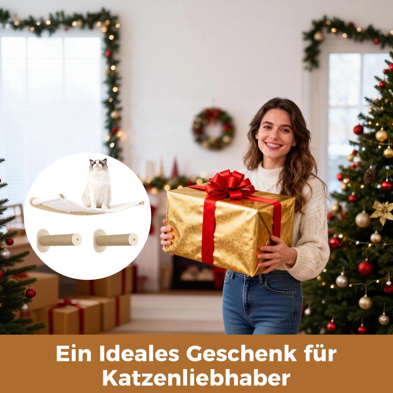 Katzenhängematte Wandmontage, Kletterwand Set aus Massivholz mit Katzentreppe, Holz Katzenbett mit Kratzbaum, Wandmontiertes Katzenkletterset, 54,61 x 36 cm