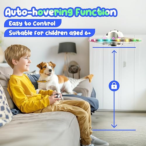 Miniatura 2 de Dron UFO de espuma para niños, avión RC con luces LED coloridas, helicóptero de control remoto con vuelo automático, 2 baterías (15 minutos de vuelo)