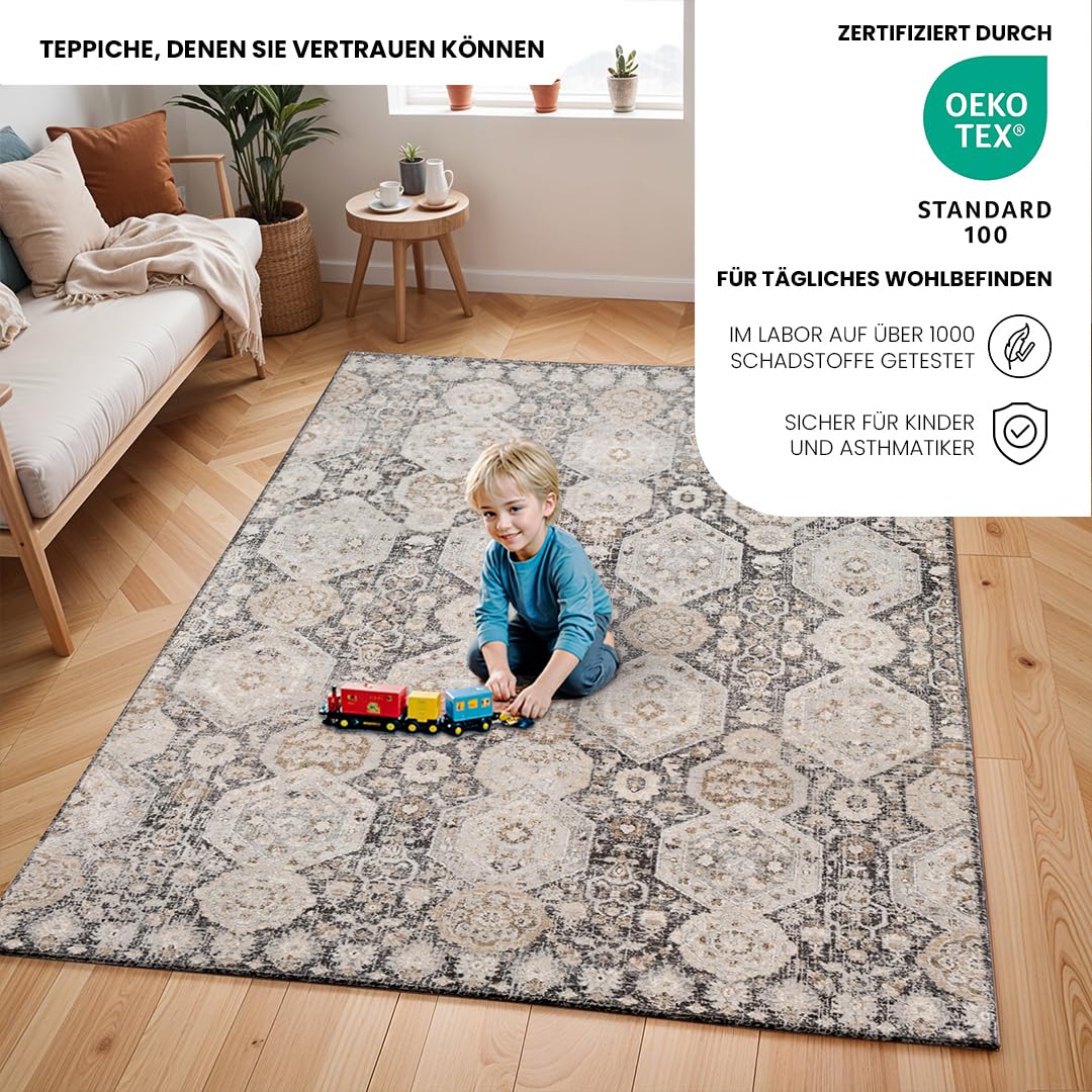 Livabliss Djelfa Vintage Teppich groß - Orientalischer Teppich Wohnzimmer 200x275 cm, Esszimmer, Schlafzimmer - Boho Kurzflor Teppiche für einfache Pflege - Schwarz, Grau, Senfgelb, Beige