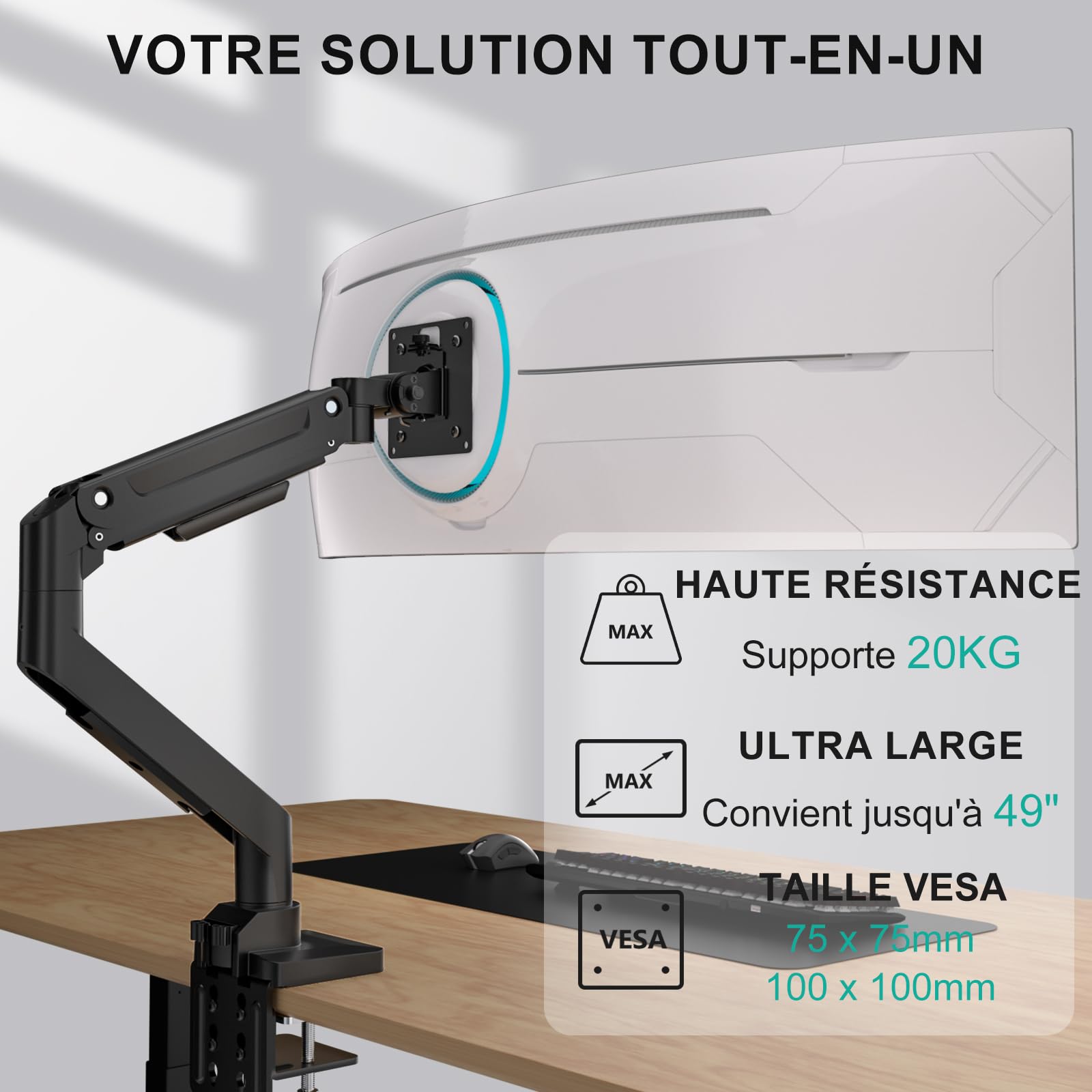 WALI Bras pour écran Ultra Large jusqu'à 49" et 20 kg, Support de Moniteur Robuste, entièrement réglable, VESA 75 et 100 mm (GSM001XL), Noir