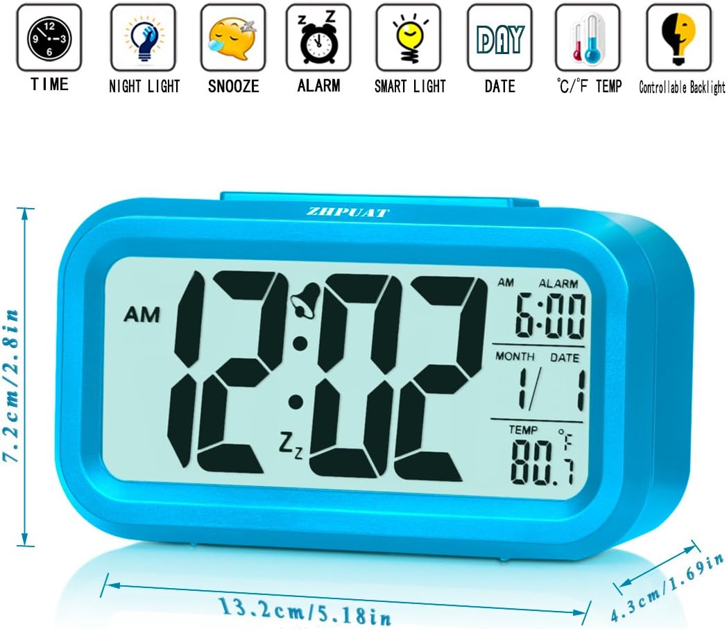 ZHPUAT [Upgrade Version] 4.6" Smart Backlight Alarm Clock with Dimmer (Blue)