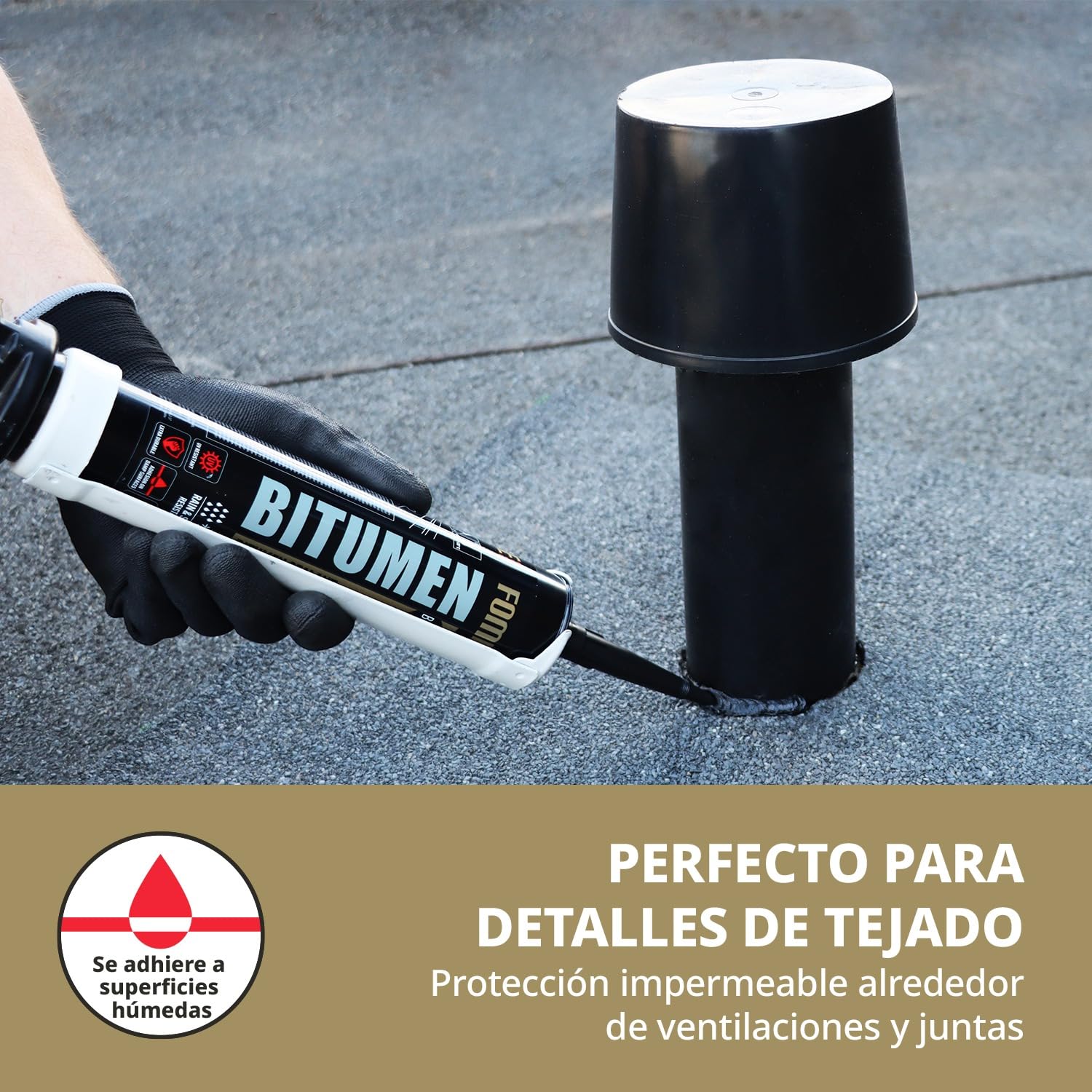 Sellador Bituminoso – Sella Filtraciones en Tejados y Canalones en Húmedo o Seco – Soporta de -50°C a +90°C – Se Adhiere a Betún, Cemento, Madera y Metal – 4 x 300 ml