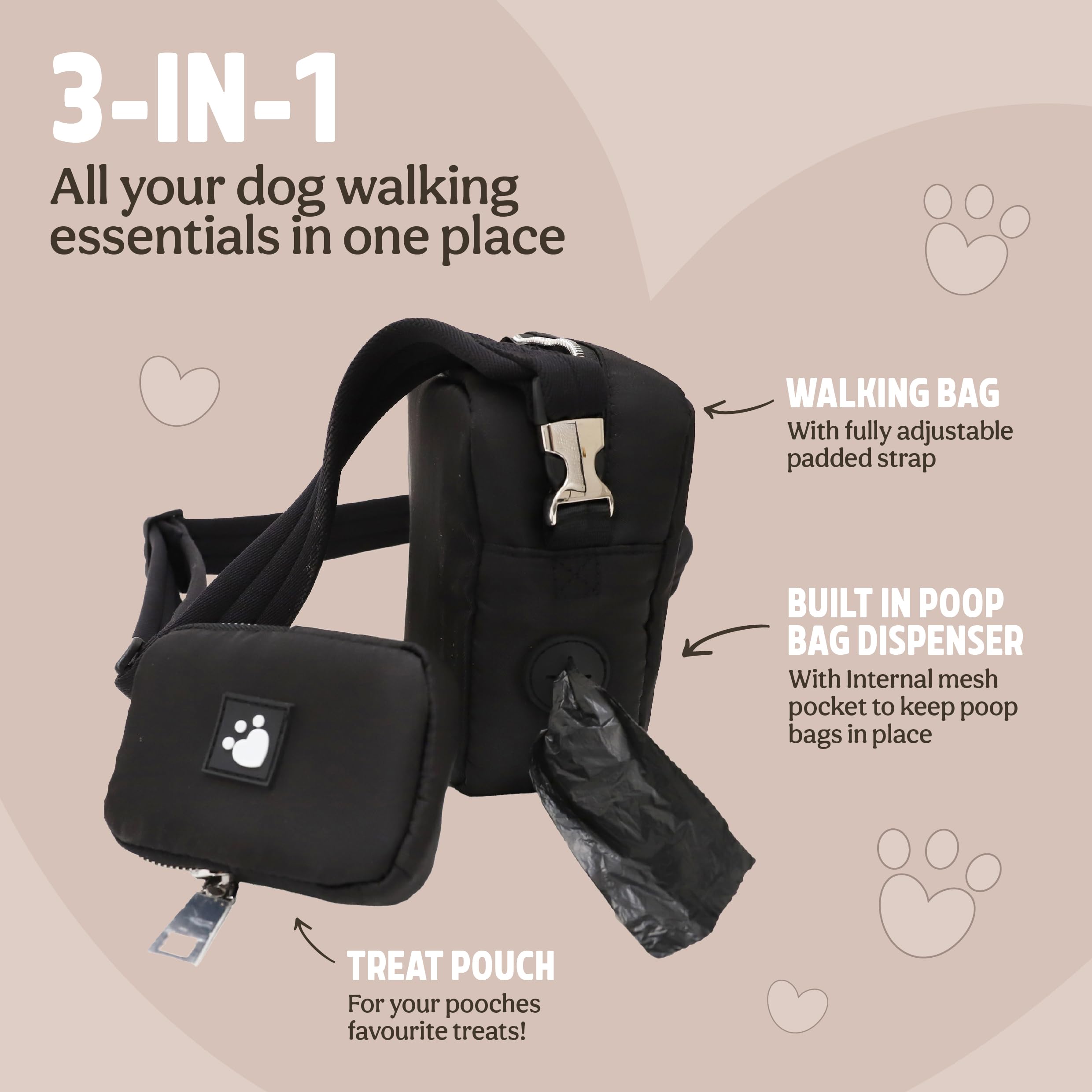 Rosewood Dog Walking Bag with Detachable Treat Pouch & Poop Bag Dispenser, Black - Image 2