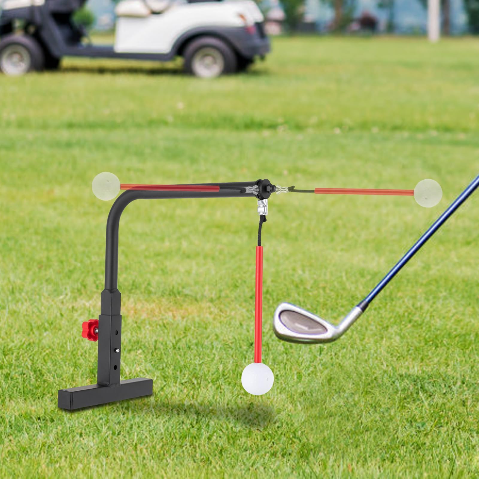 Fridgestea Golf Swing Trainer with Automatic Ball Return, 3 Adjustable Heights Swing Training Aid for Tempo, Strength & Posture Practice, Outdoor Golf Chipping and Hitting Trainer -Black & Red