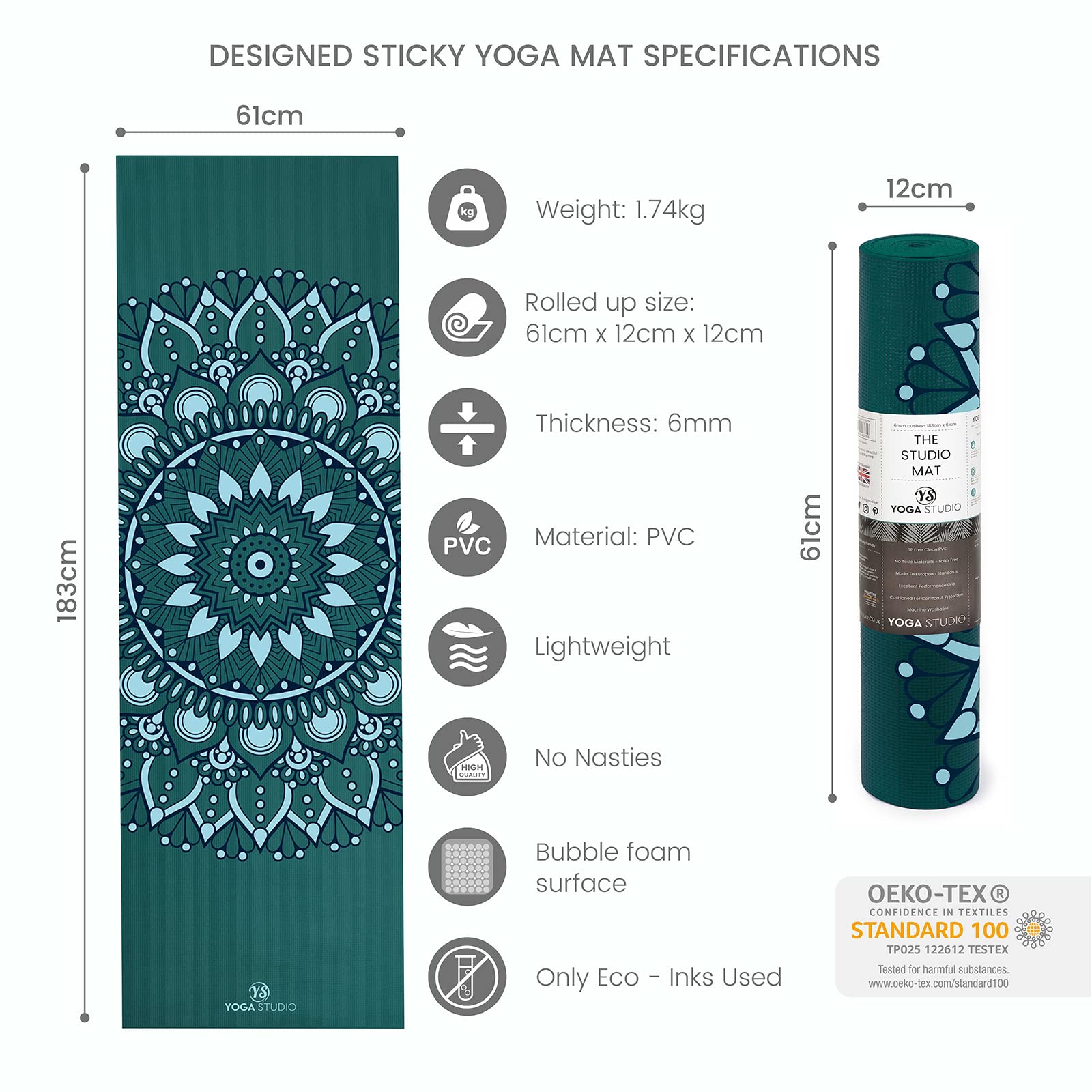 Yoga Studio Tapis de yoga conçu – 183 cm x 61 cm, tapis de yoga antidérapant de 6 mm, tapis en PVC indéchirable (mandala bleu sarcelle)