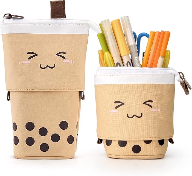Maomaoyu Cute Cartoon Stand up Pencil & Pen Case Box Pouch, Portable Art School Office Cosmetic Bag, Large Lightweight Canvas Holder for Kids Students Adults Girls Boys Gifts, Brown&Dot