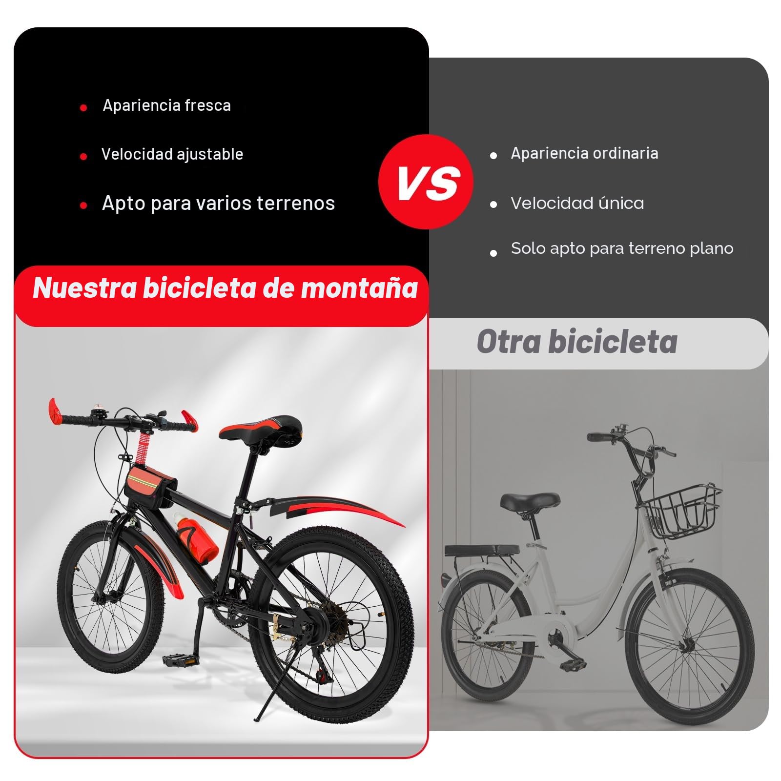Bicicleta de montaña para adultos de 20 pulgadas, freno delantero y trasero, acero al carbono, altura regulable con transmisión roja