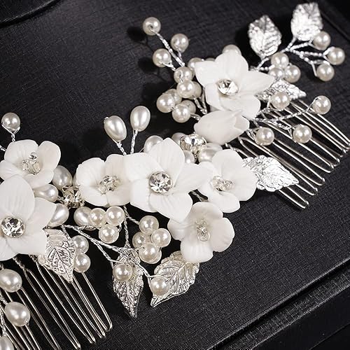 Miniatura 5 de Teyglen Peine para el cabello de boda con hojas de flores y perlas plateadas, tocados con diamantes de imitación, piezas para el cabello, accesorios