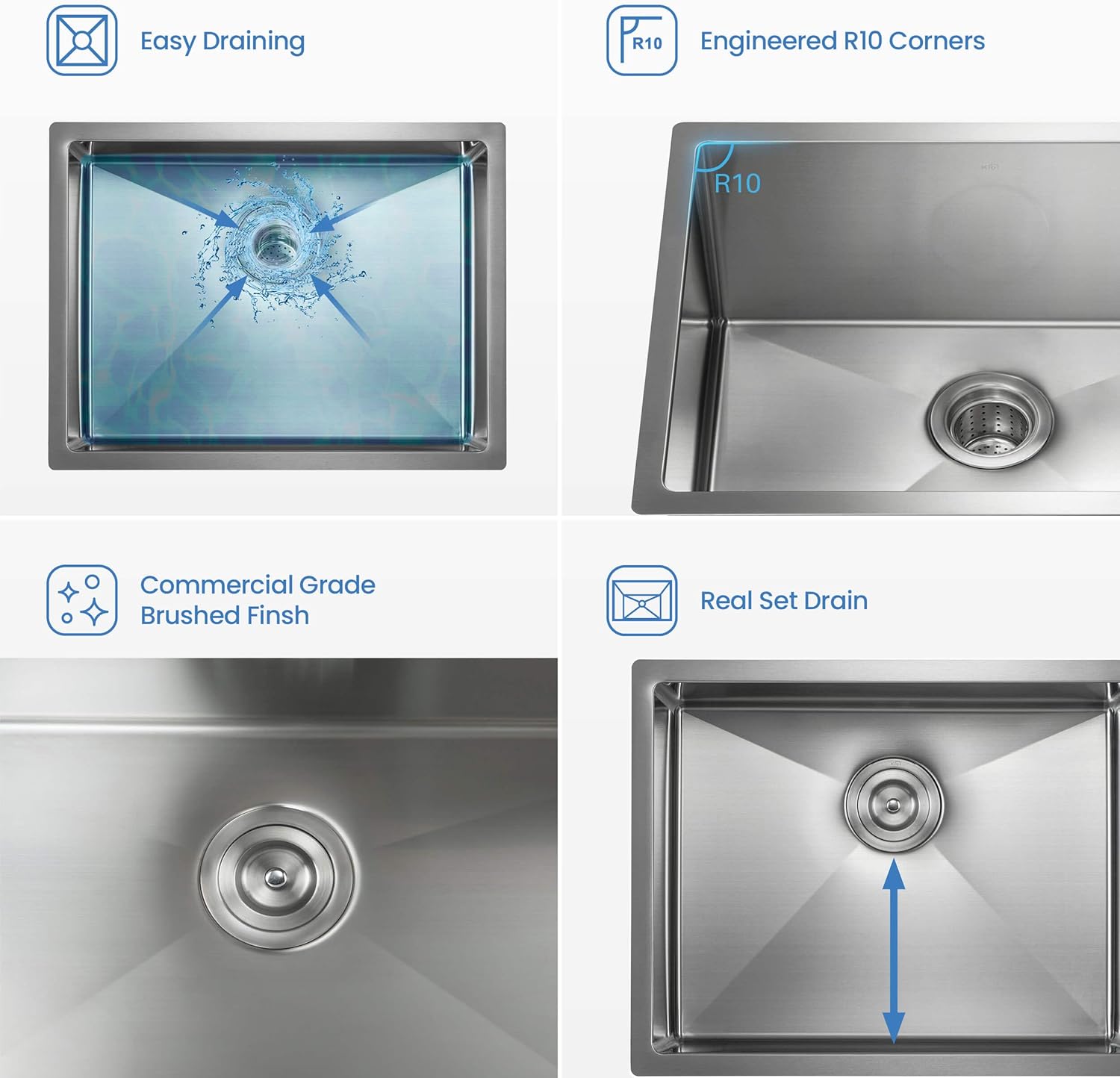 KIBI 26″ Undermount Stainless Steel Kitchen Sink Single Bowl Workstation, Handcrafted | 16-Gauge 304 Stainless, Deep 10″ Bowls, Bottom Grid & Basket Strainer Included | Modern Undercounter Prep Sink