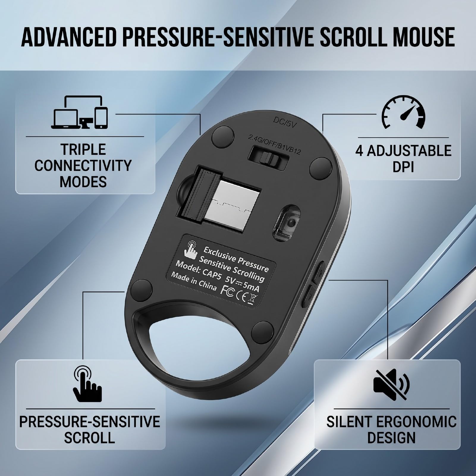 Mouse Scroll Pressione Sensibile, Mouse Wireless 3 Modalità Bluetooth 5.0 5.2 2.4G USB Silenzioso con 4 DPI Regolabile 4 Velocità Scorrimento per IOS HarmonyOS