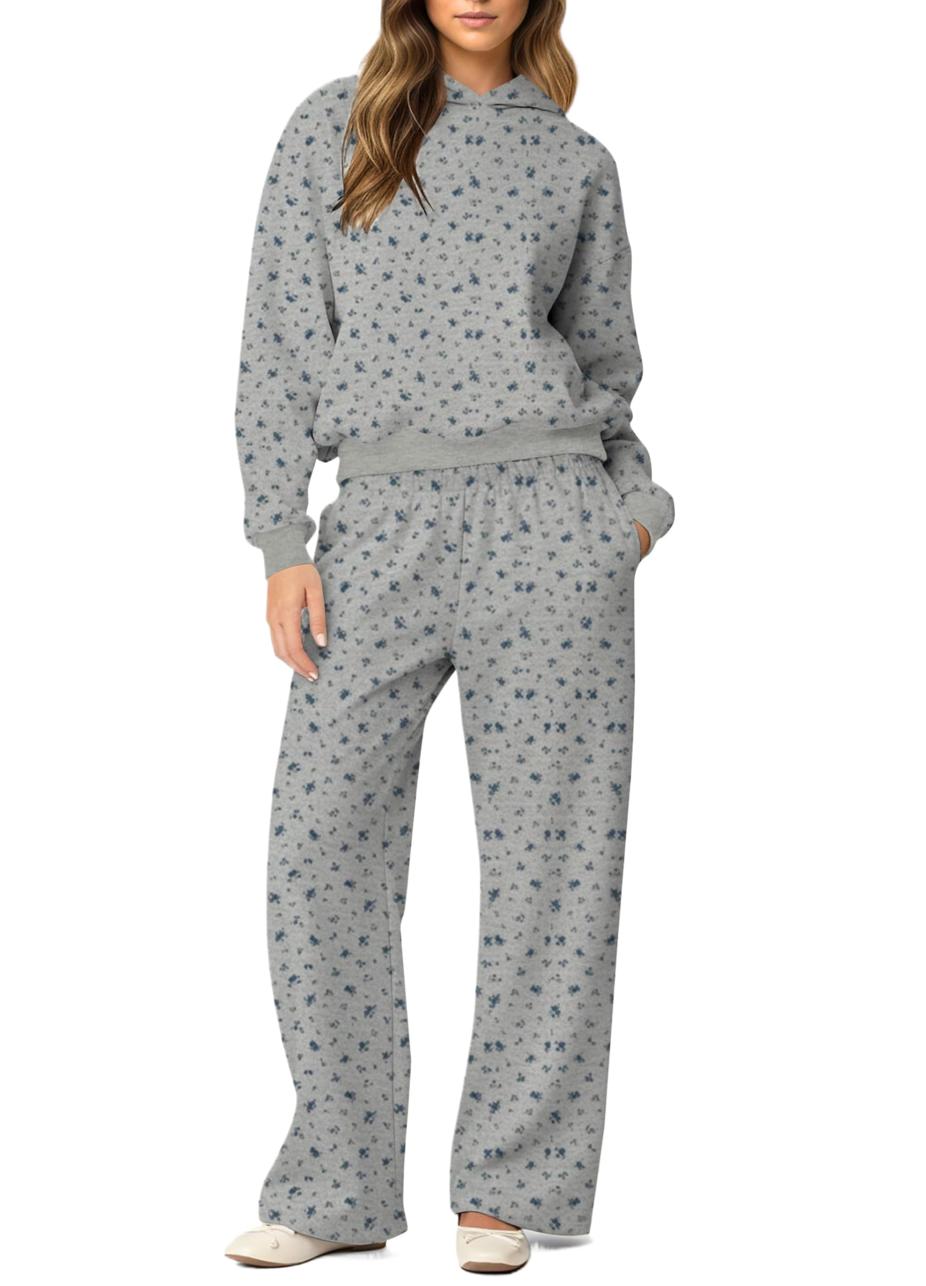 Women 2 Piece Outfits Ditsy Flower Print Sweatsuits Sets Long Sleeve Sweatshirts Wide Leg Sweatpants Fall Tracksuits-image-43