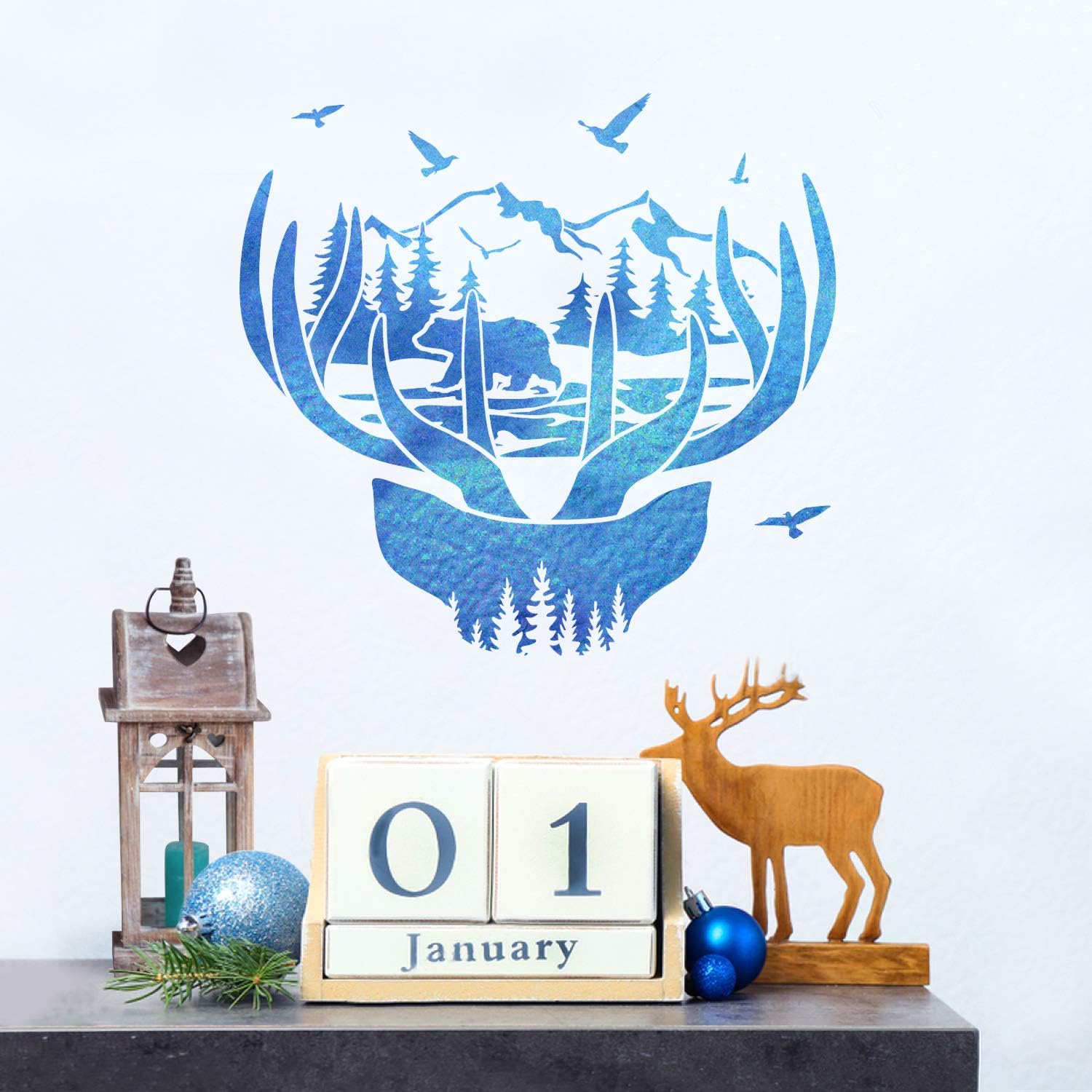 GSS Designs Mountain Forest Bear Deer Stencil (2 Pack) - Animal Reusable Stencils for Painting on Wood Wall Canvas (12x12Inch) - Tree Birds Stencil for DIY (SL-101)