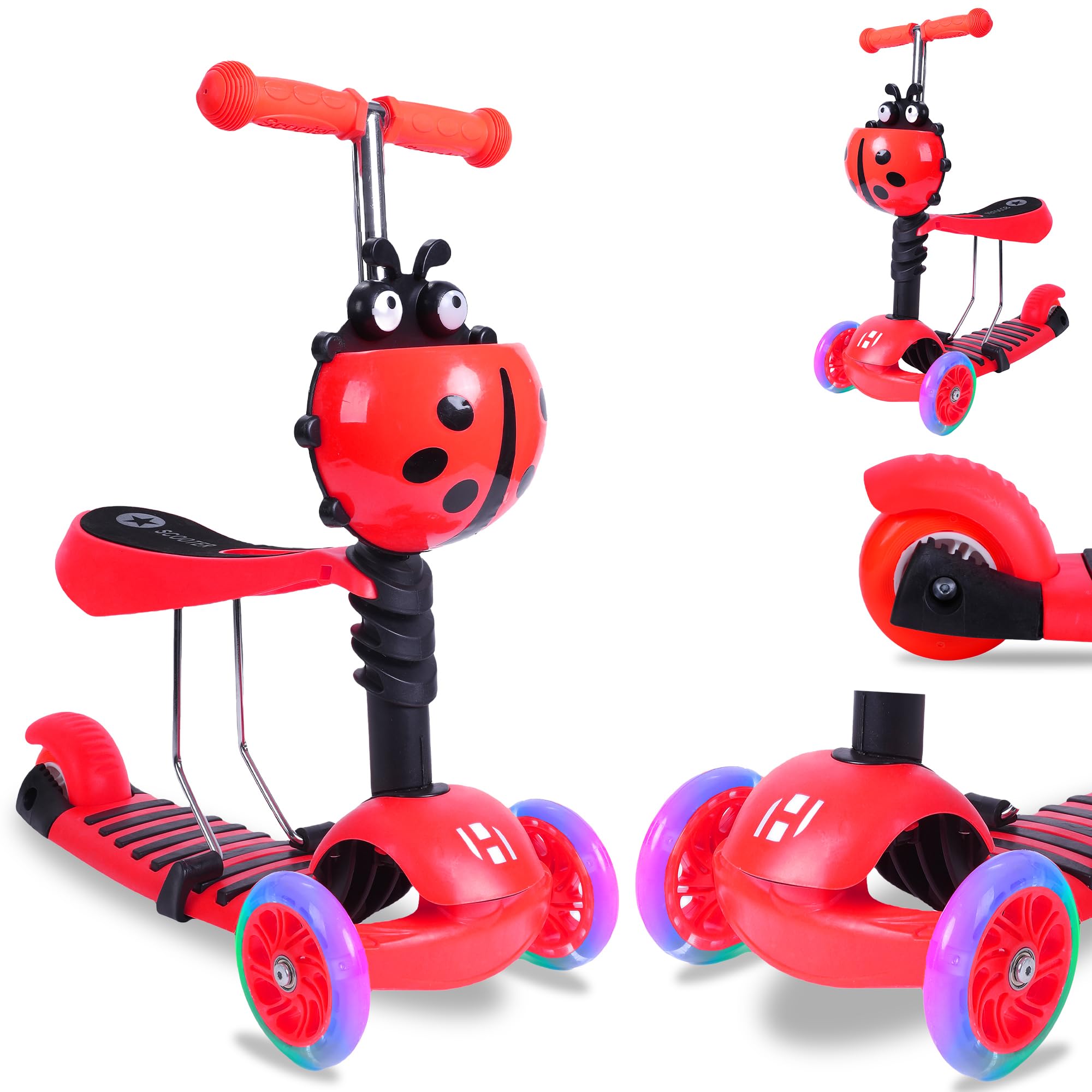 Patinete infantil 3 en 1 para niños y niñas, asiento extraíble, ruedas LED, manillar de altura ajustable, patinete para niños de 2 a 8 años