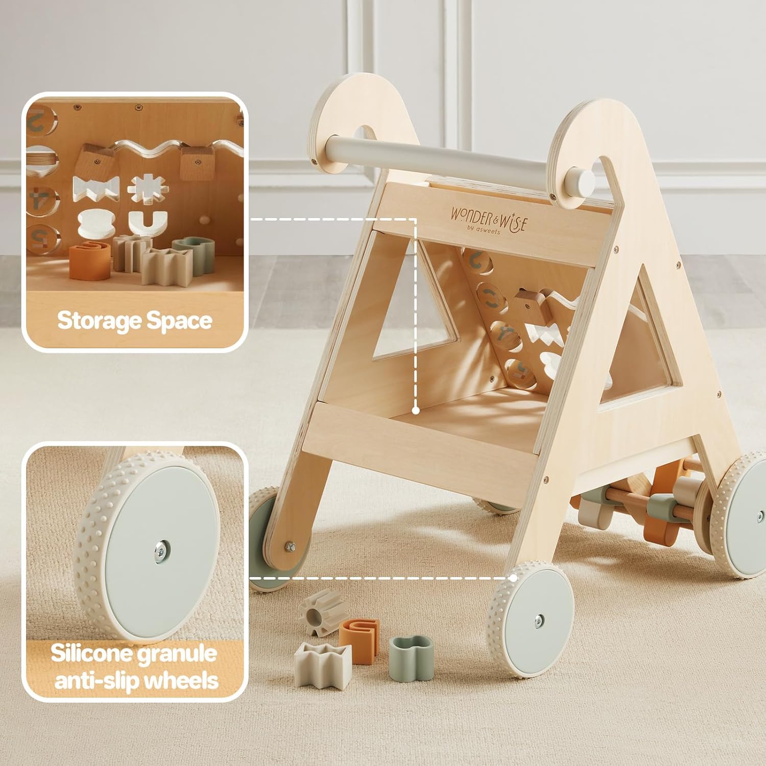 Asweets Wooden Baby Walker, Baby Push Walker, Montessori Walker Toy for Boys and Girls, Step Right Up Activity Walker, Push Toys for Kids Development - Image 3