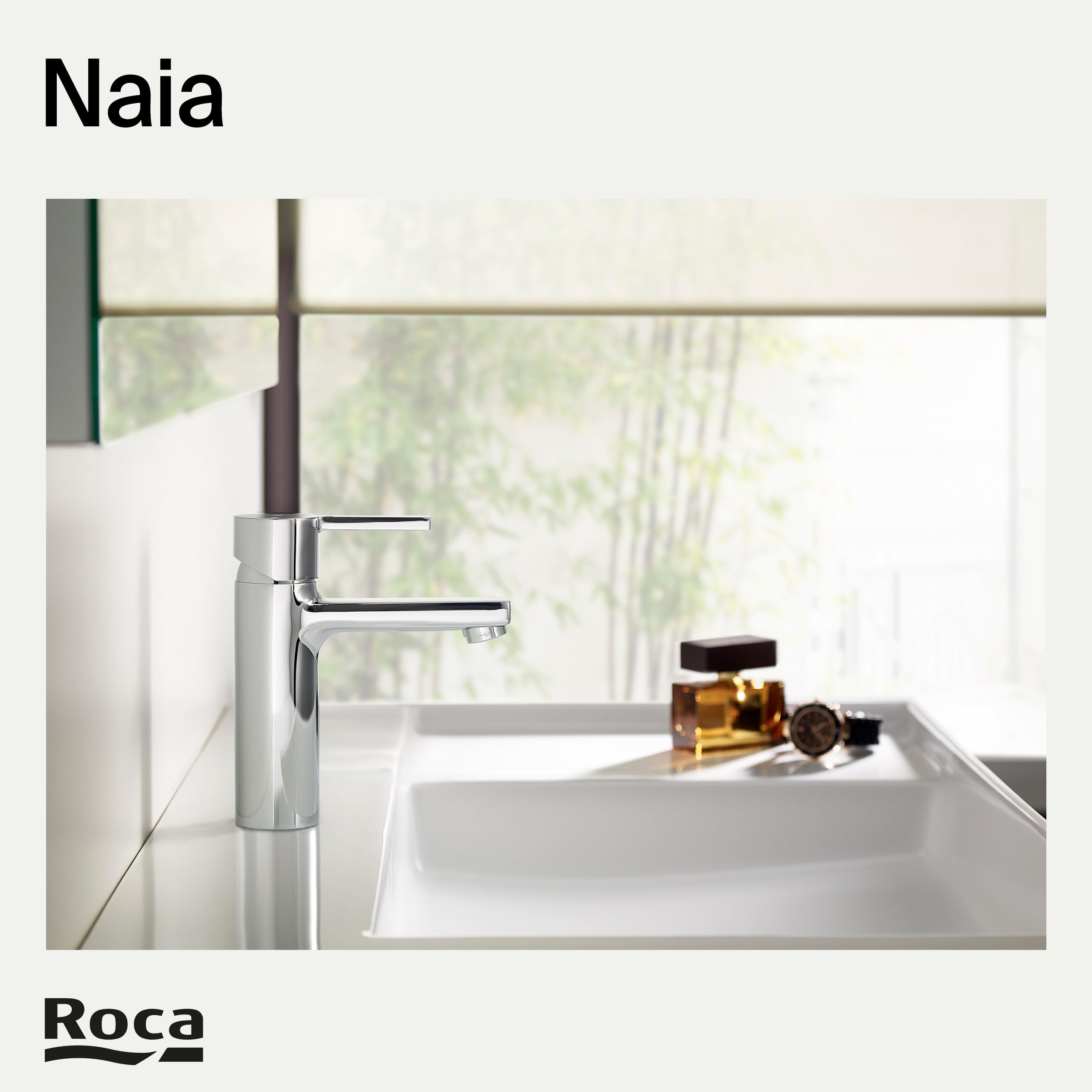 Roca Naia Grifería de lavabo con tecnología ColdStart, grifo monomando con enlaces de alimentación flexibles, mezclador de cuarto de baño con desagüe click-clack, fácil instalación, cromado A5A3296C00
