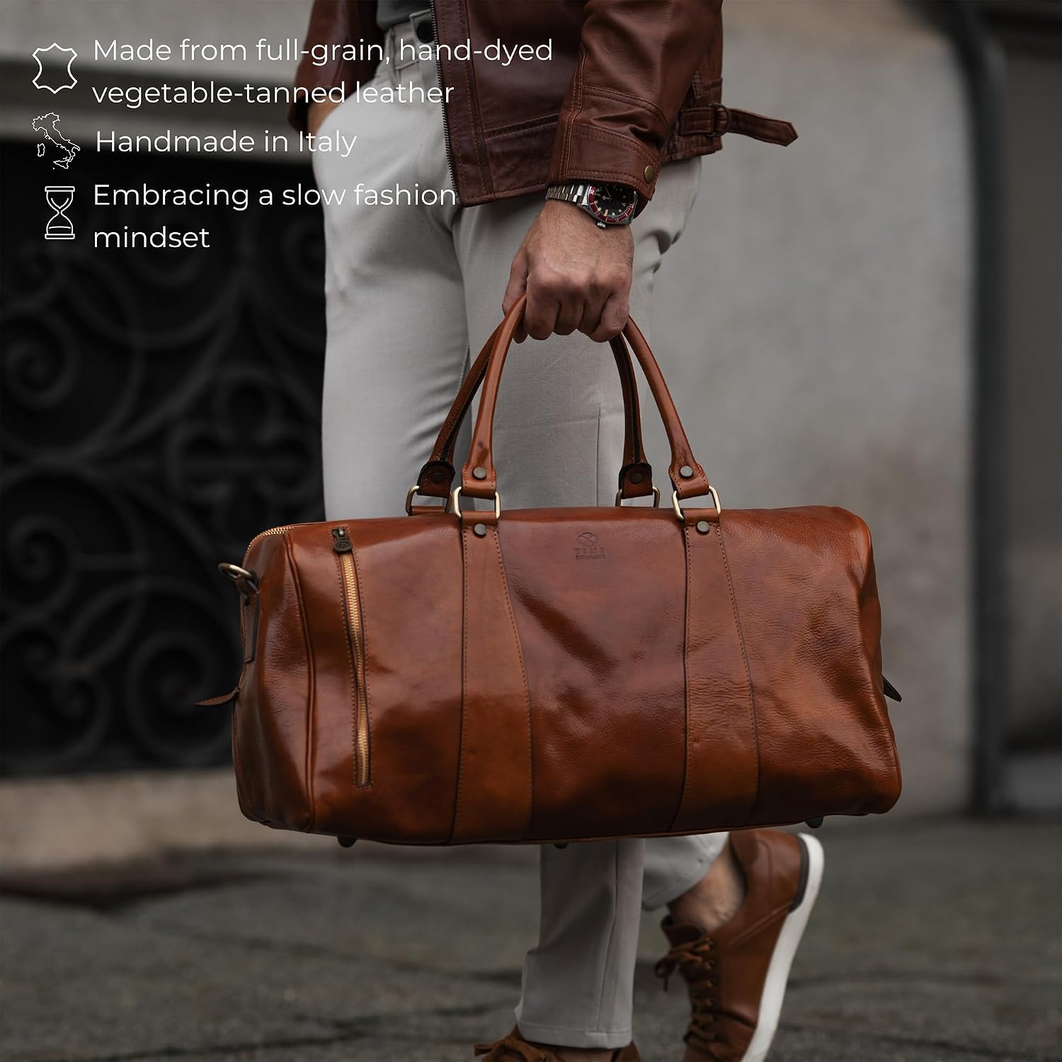 Time Resistance Leather Duffel Bag - Large Weekend Gym Travel Bag (Cognac Brown)