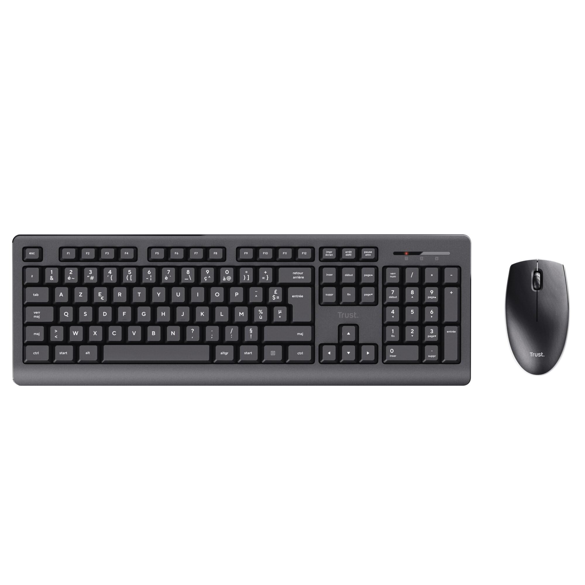 Trust Primo Pack Clavier et Souris sans Fil AZERTY Français, Noir | Touches Plates, Résistant aux Éclaboussures, Clavier avec Pavé Numérique, Récepteur USB Unique, Set pour PC Portable Mac