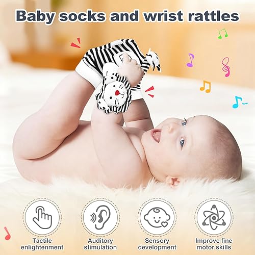 Miniatura 3 de Juguetes para recién nacidos, juguetes para bebés de alto contraste en blanco y negro, de 0 a 6 meses, con tarjetas sensoriales y sonajero, esencial