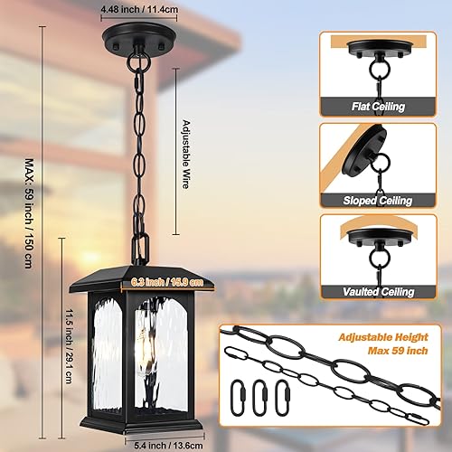 Miniatura 9 de Lámpara colgante blanca para exteriores  Lámparas colgantes exteriores ajustables, luz de porche impermeable con vidrio ondulado, moderna lámpara