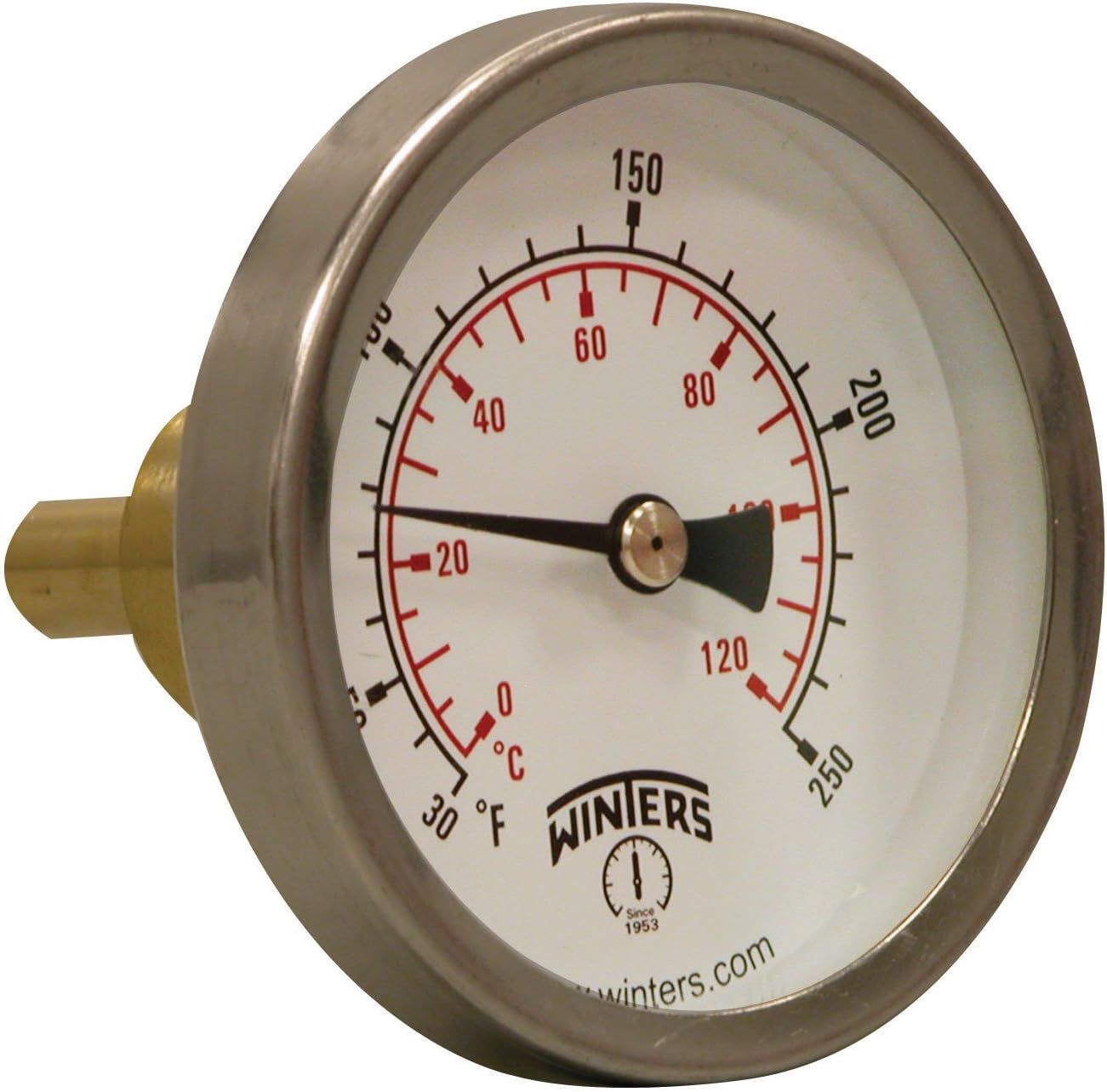 Winters TSW Series Aluminum Dual Scale Hot Water Thermometer, Dial Type, 2-1/2" Dial, 3/4" Sweatwell, 30-250 F/C Range