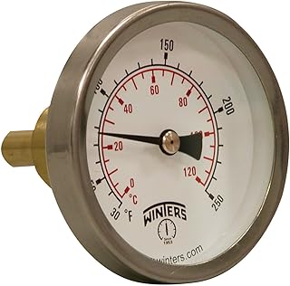 Winters TSW Series Aluminum Dual Scale Hot Water Thermometer, Dial Type, 2-1/2" Dial, 3/4" Sweatwell, 30-250 F/C Range