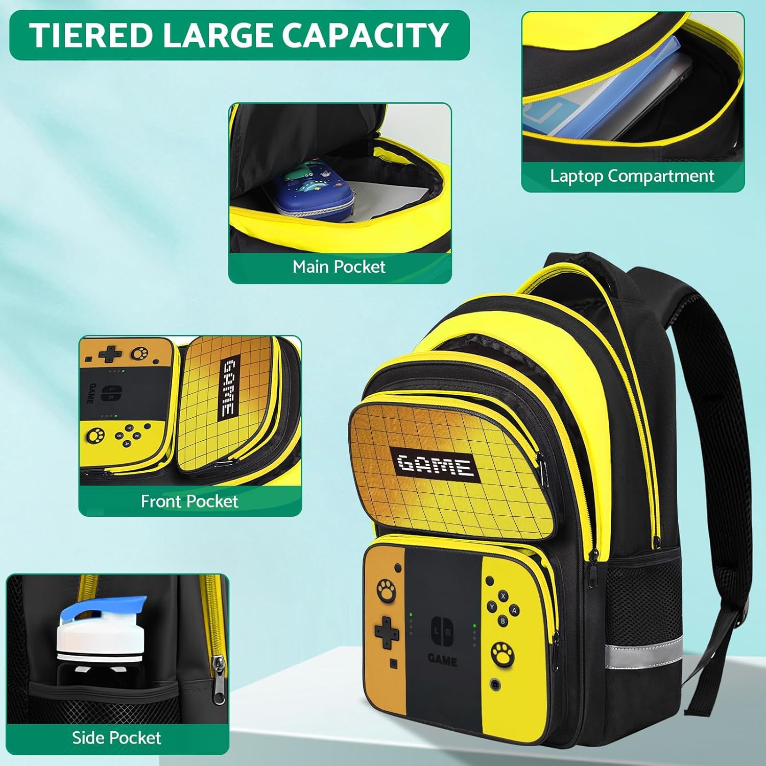 Kids Backpack For Boys，Gamer Boys Backpack For Children Teens Elementary Middle School, 17″ Students Bookbag - Image 4