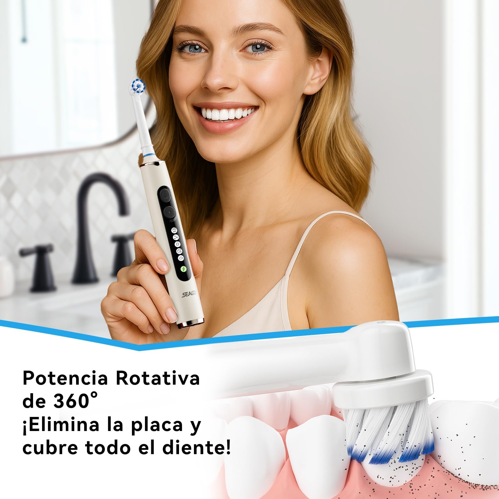Seago Cepillo Electrico Recargable, Cepillo de Dientes Eléctrico Rotativo con Estuche de Viaje, 8 Cabezas para la familia, 5 Modos, Temporizador 2 Min,IPX7, SG2607, Beige
