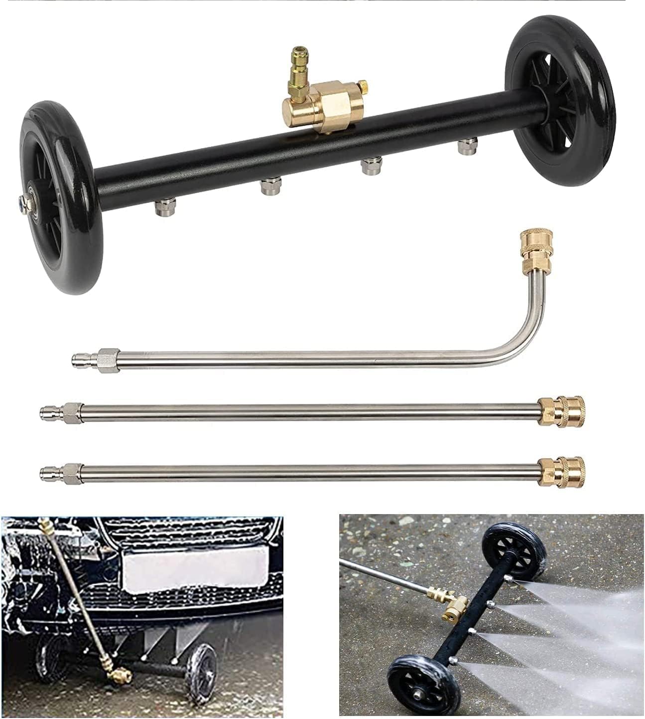 HoldOneLight Dual-Function Undercarriage Cleaner, Surface Cleaner for Pressure Washer, 16 Inch, Underbody Car Wash Water Broom with 3 Pieces Extension