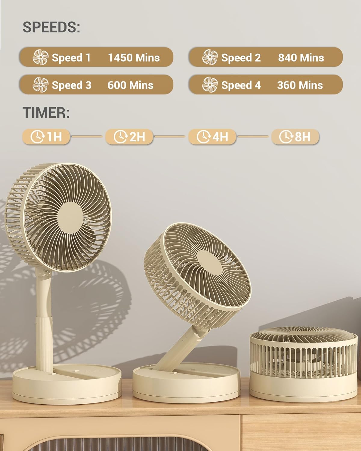 Portable Fan, 8'' Oscillating Desk Fan, 5400mAh Rechargeable Small Fan for Bedroom, 4 Speeds&8H Timer Battery Powered Travel Fans for Outdoor, Khaki - Image 2