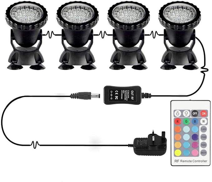 Image Pond Lights, Bebester 4 Pack Garden Pond Lights Underwater Spotlight with Remote Controller IP68 Waterproof Submersible Spot Light RGB Color Changing for Aquarium Fish Tank Garden Fountain Pool