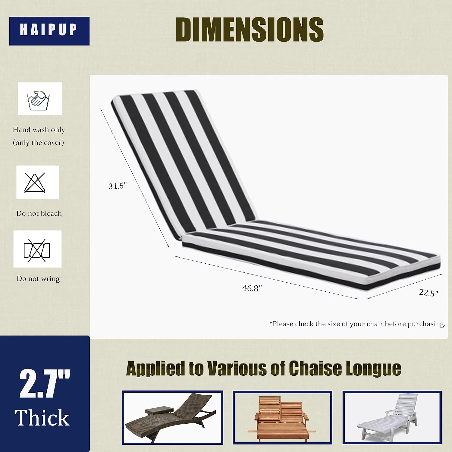 Outdoor Chaise Lounge Chair Cushions 2 Pack, Thick Waterproof Patio Pool Lounge Cushions, Fade Resistant, Yellow/White Striped(Black & White Stripe)