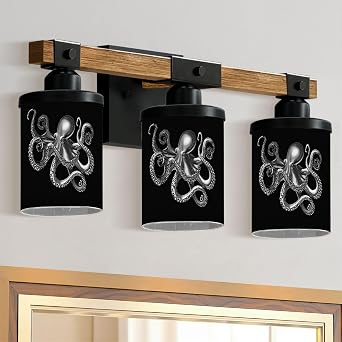 3-Light Bathroom Light Fixtures Vintage White Octopus Black Hand Drawn Squid Engraved Ocean Animal Farmhouse Wood Vanity Lights Over Mirror Wall Lamp with Glass Shade Wall Sconces for Living Room
