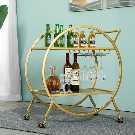 HEONITURE Round Gold Bar Cart 2 Mirrored Shelves Bar Serving Cart with Wheels and Glass Holder, Mobile Wine Cart for The H...